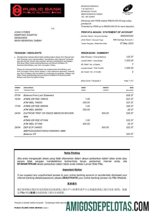 Extrato bancário falso islâmico público realista da Malásia modelo Word e PDF, 2 páginas